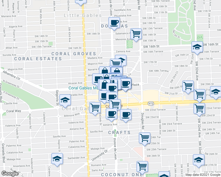 map of restaurants, bars, coffee shops, grocery stores, and more near 220 Alhambra Circle in Miami