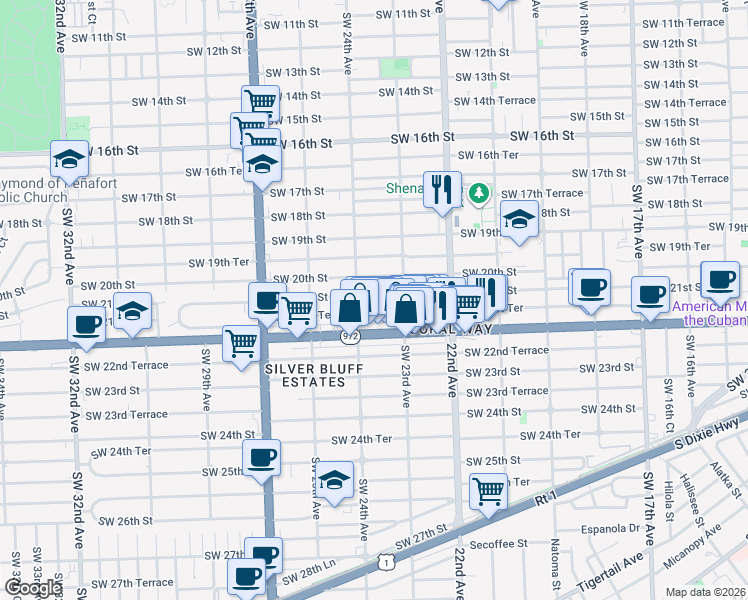 map of restaurants, bars, coffee shops, grocery stores, and more near 2368 Southwest 21st Street in Miami