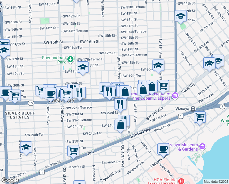map of restaurants, bars, coffee shops, grocery stores, and more near 1738 Southwest 21st Street in Miami