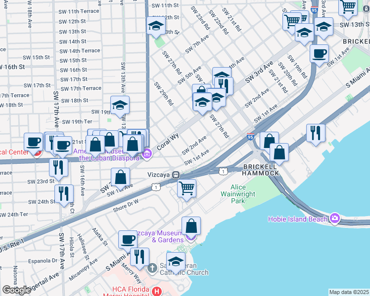 map of restaurants, bars, coffee shops, grocery stores, and more near 200 Southwest 30th Road in Miami