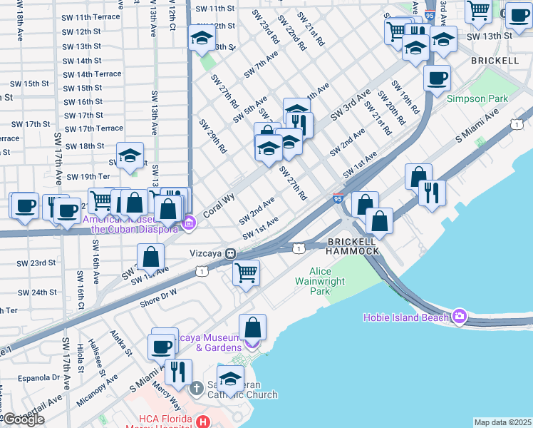 map of restaurants, bars, coffee shops, grocery stores, and more near 126 Southwest 29th Road in Miami