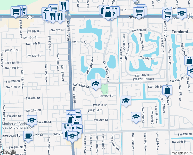 map of restaurants, bars, coffee shops, grocery stores, and more near 13250 Southwest 17th Lane in Miami