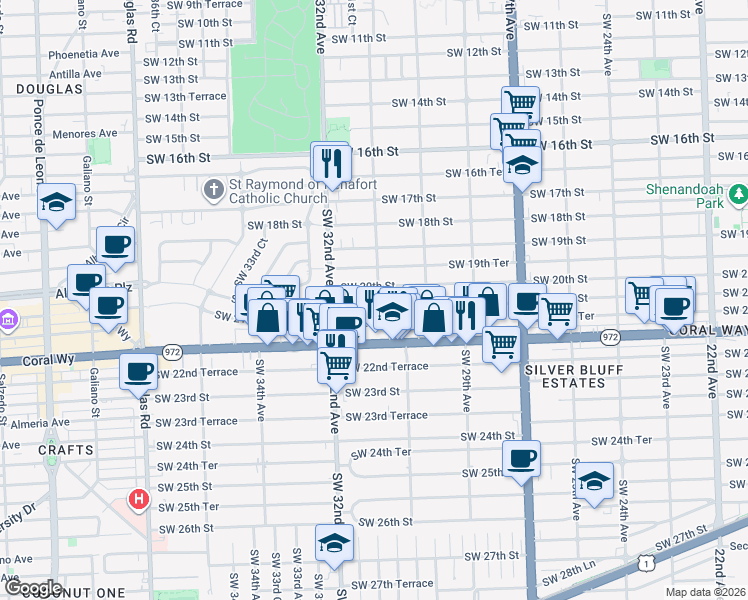 map of restaurants, bars, coffee shops, grocery stores, and more near 3087 Southwest 21st Street in Miami