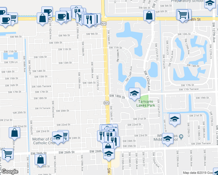 map of restaurants, bars, coffee shops, grocery stores, and more near 1656 Southwest 136th Place in Miami