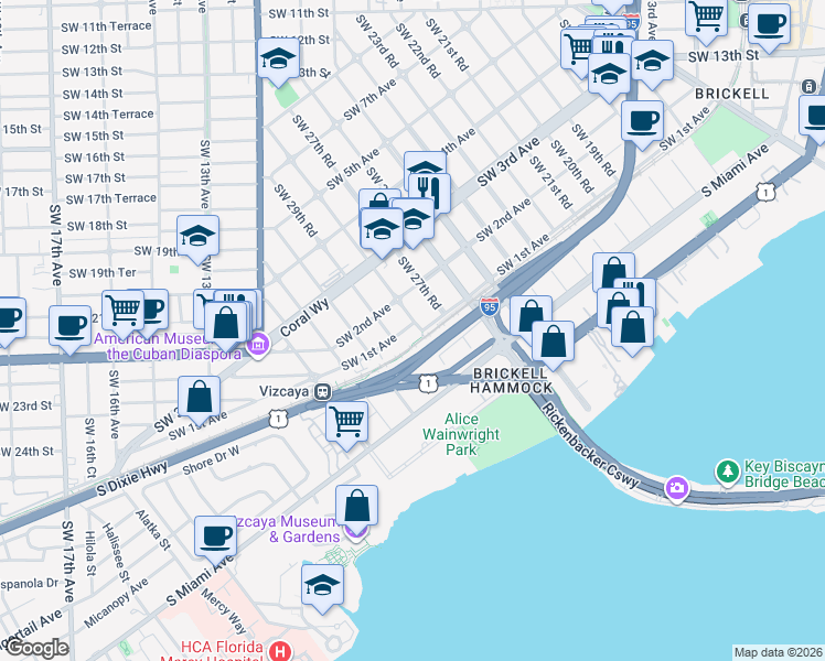 map of restaurants, bars, coffee shops, grocery stores, and more near 84 Southwest 28th Road in Miami