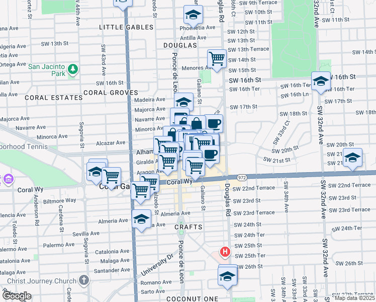 map of restaurants, bars, coffee shops, grocery stores, and more near 150 Alhambra Circle in Coral Gables