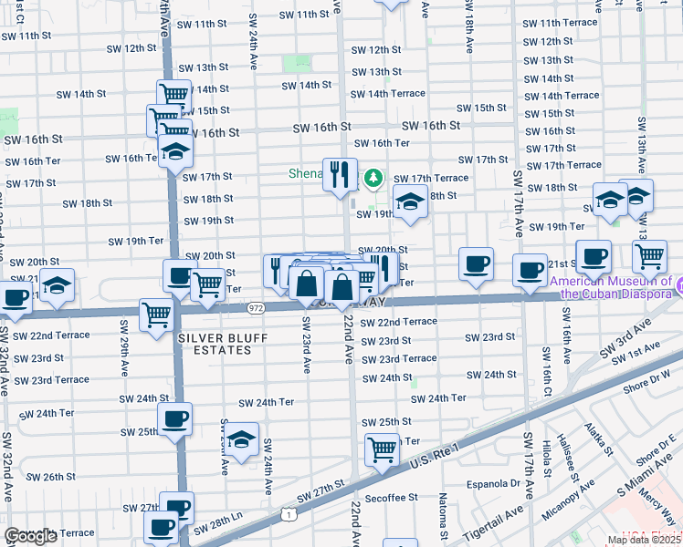 map of restaurants, bars, coffee shops, grocery stores, and more near 2210 Southwest 21st Street in Miami