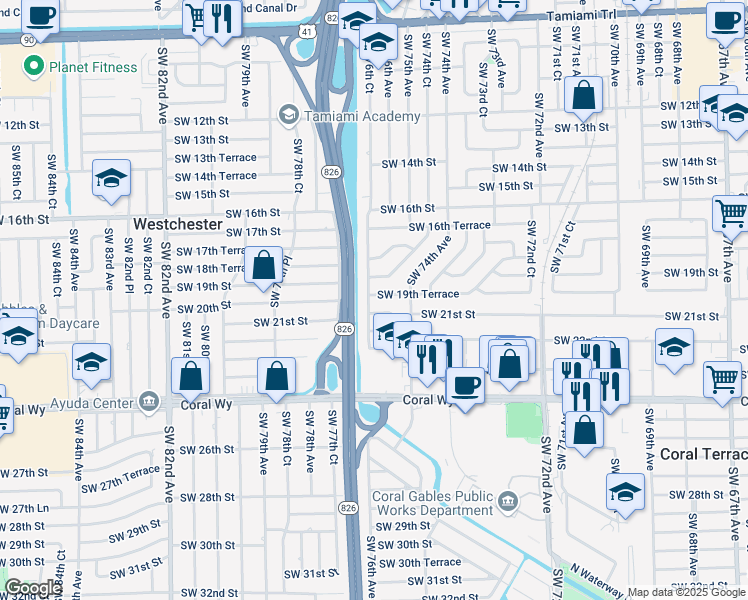 map of restaurants, bars, coffee shops, grocery stores, and more near 7630 SW 19th Terrace in Miami