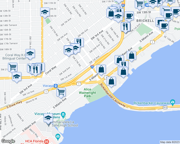 map of restaurants, bars, coffee shops, grocery stores, and more near in Miami