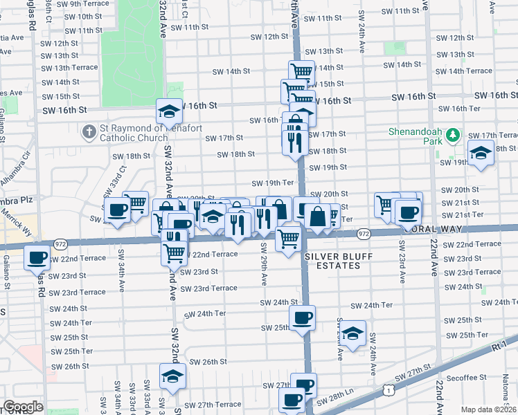 map of restaurants, bars, coffee shops, grocery stores, and more near 2937 Southwest 21st Street in Miami