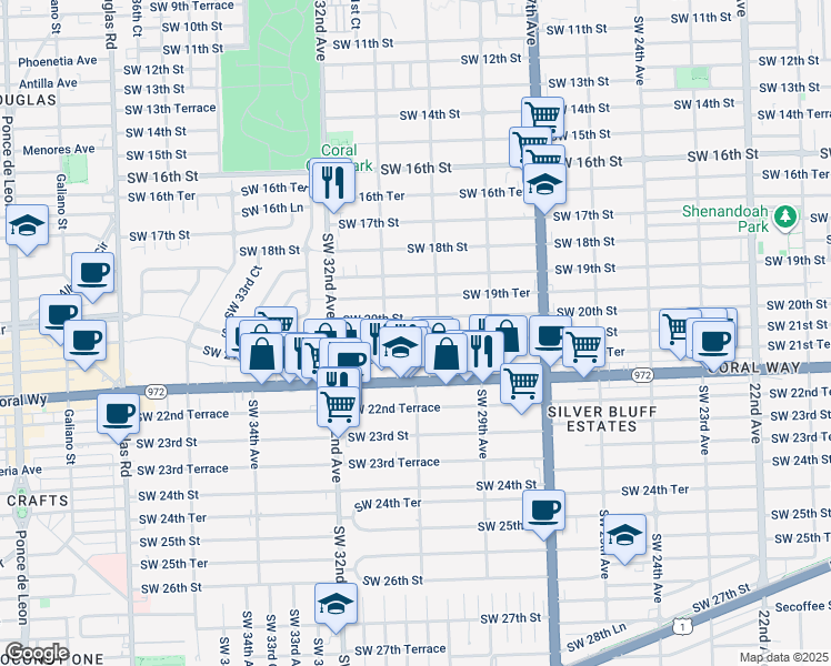 map of restaurants, bars, coffee shops, grocery stores, and more near 3087 Southwest 21st Street in Miami