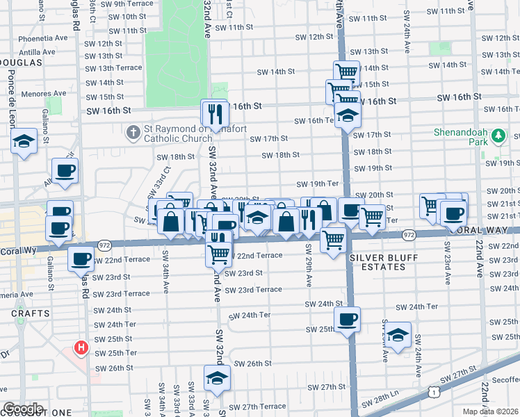 map of restaurants, bars, coffee shops, grocery stores, and more near 3087 Southwest 21st Street in Miami