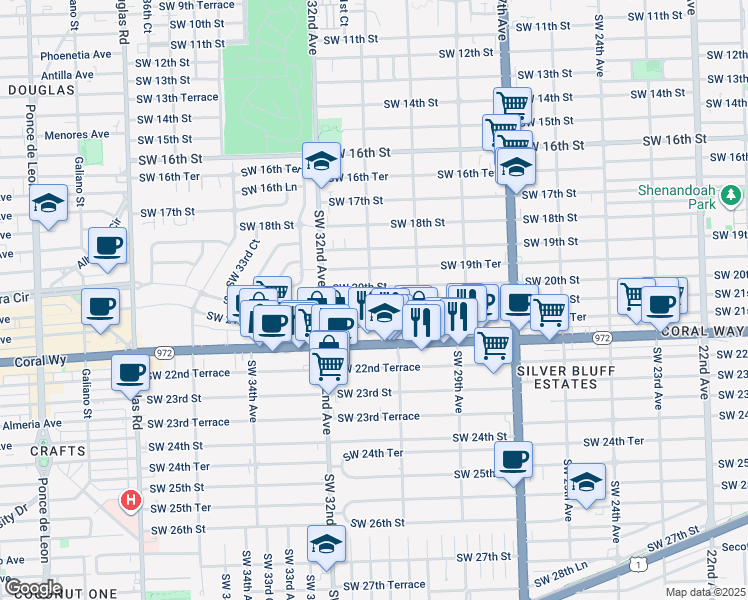 map of restaurants, bars, coffee shops, grocery stores, and more near 3087 Southwest 21st Street in Miami