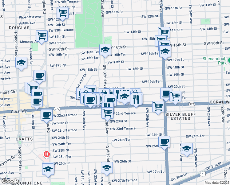 map of restaurants, bars, coffee shops, grocery stores, and more near 3150 Southwest 20th Street in Miami
