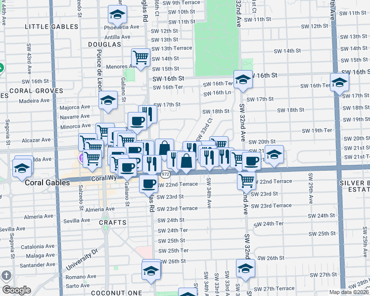 map of restaurants, bars, coffee shops, grocery stores, and more near 2001 Coral Gate Drive in Miami