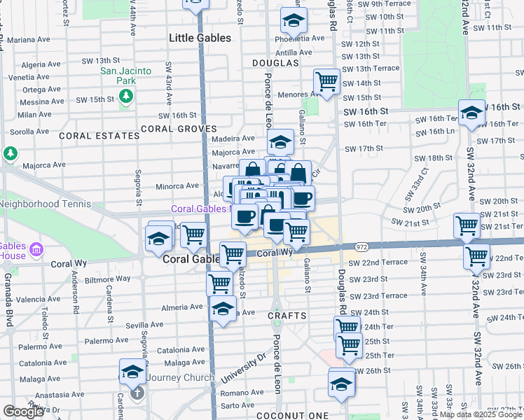 map of restaurants, bars, coffee shops, grocery stores, and more near 118 Ponce de Leon in Coral Gables