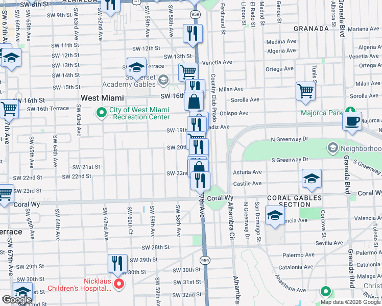 map of restaurants, bars, coffee shops, grocery stores, and more near 2022 Red Road in Miami