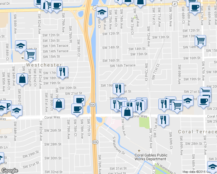 map of restaurants, bars, coffee shops, grocery stores, and more near 7510 Southwest 19th Terrace in Miami