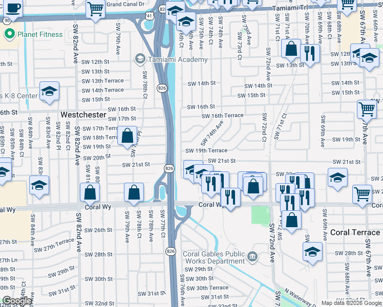map of restaurants, bars, coffee shops, grocery stores, and more near 7500 Southwest 19th Terrace in Miami