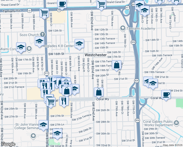 map of restaurants, bars, coffee shops, grocery stores, and more near 1930 Southwest 82nd Avenue in Miami