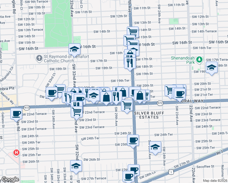 map of restaurants, bars, coffee shops, grocery stores, and more near 2937 Southwest 21st Street in Miami