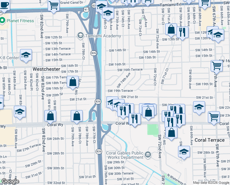 map of restaurants, bars, coffee shops, grocery stores, and more near 7500 Southwest 19th Terrace in Miami