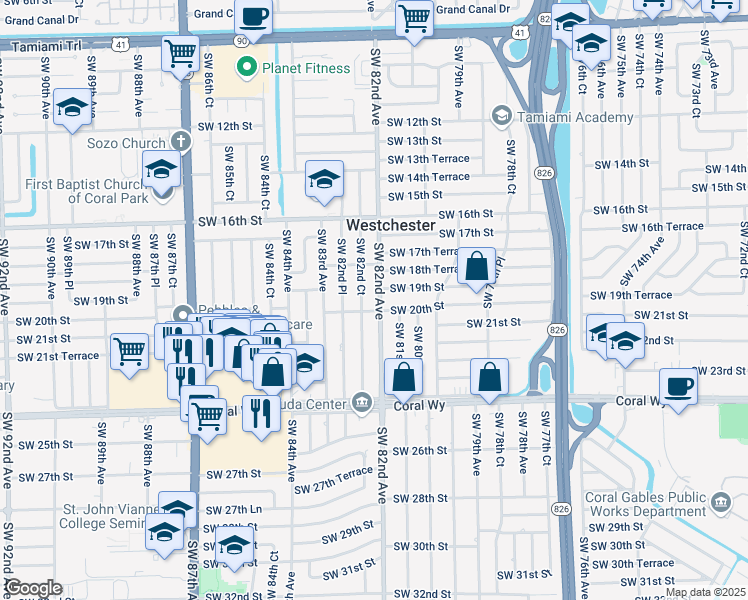 map of restaurants, bars, coffee shops, grocery stores, and more near 1930 Southwest 82nd Avenue in Miami