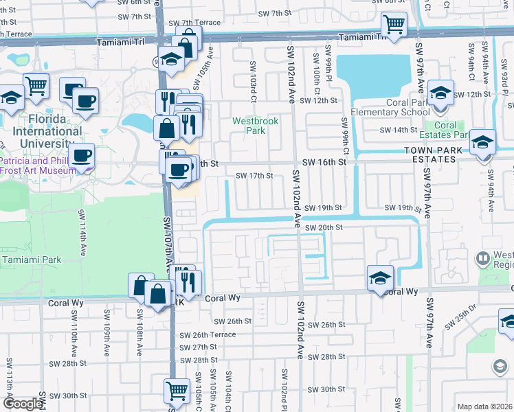 map of restaurants, bars, coffee shops, grocery stores, and more near 1820 Southwest 103rd Avenue in Miami