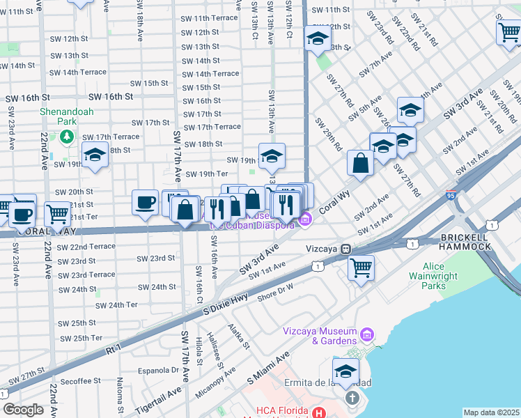 map of restaurants, bars, coffee shops, grocery stores, and more near 1331 Southwest 21st Terrace in Miami