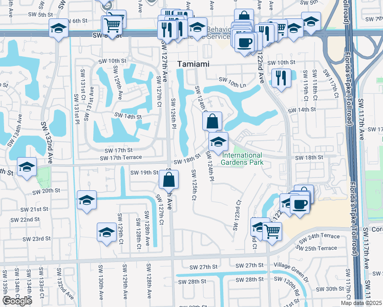 map of restaurants, bars, coffee shops, grocery stores, and more near 1740 Southwest 125th Court in Miami
