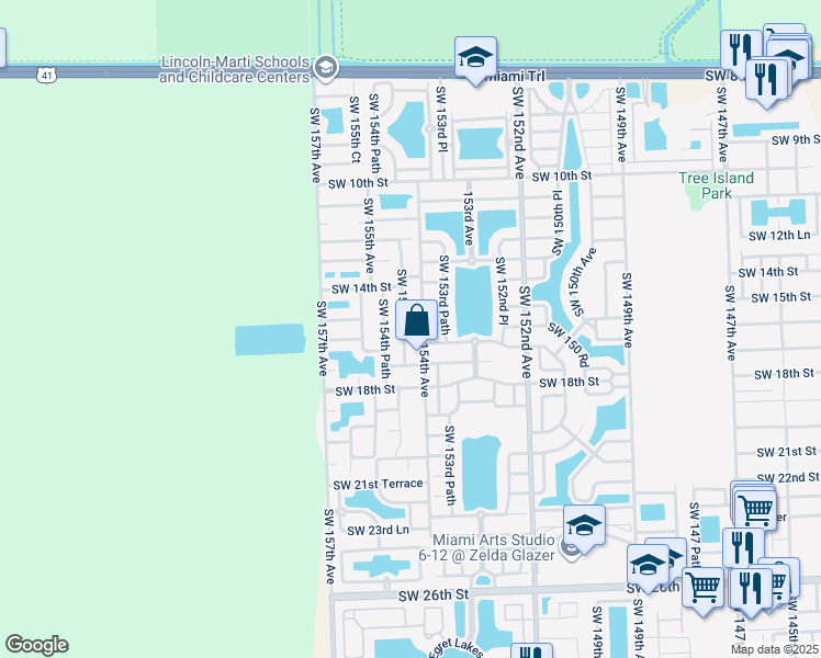 map of restaurants, bars, coffee shops, grocery stores, and more near 1587 Southwest 154th Court in Miami