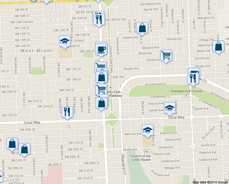 map of restaurants, bars, coffee shops, grocery stores, and more near 2021 Country Club Prado in Coral Gables