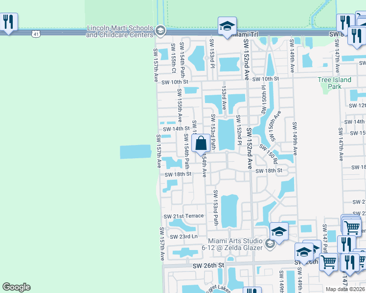map of restaurants, bars, coffee shops, grocery stores, and more near 1590 Southwest 154th Path in Miami