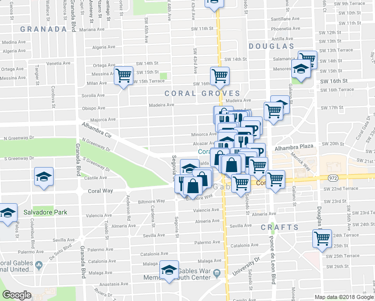 map of restaurants, bars, coffee shops, grocery stores, and more near 541 Alhambra Circle in Coral Gables