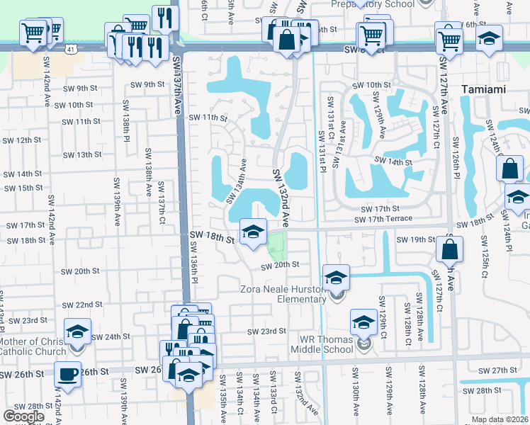 map of restaurants, bars, coffee shops, grocery stores, and more near 13250 Southwest 17th Lane in Miami