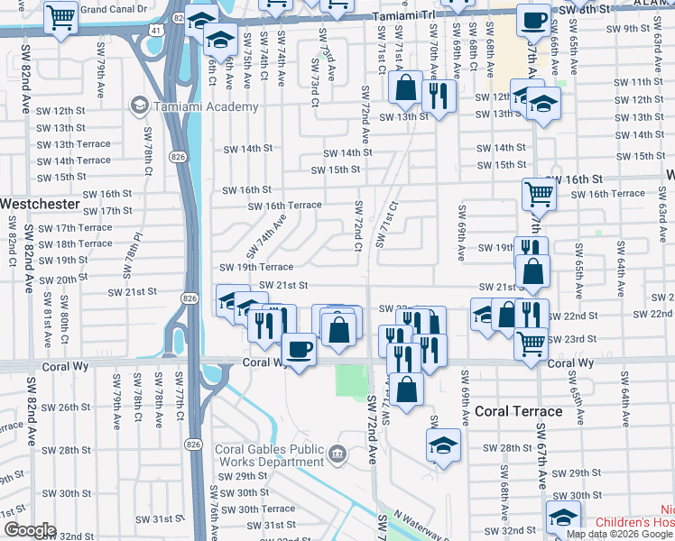 map of restaurants, bars, coffee shops, grocery stores, and more near 7260 Southwest 19th Terrace in Miami