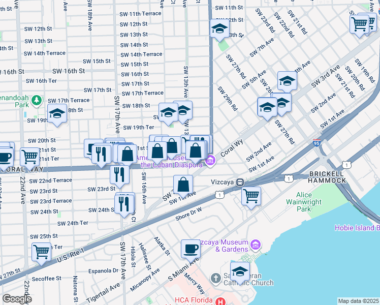 map of restaurants, bars, coffee shops, grocery stores, and more near 1257 Southwest 21st Terrace in Miami