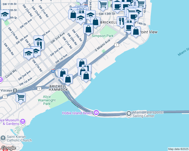 map of restaurants, bars, coffee shops, grocery stores, and more near 2101 Brickell Avenue in Miami