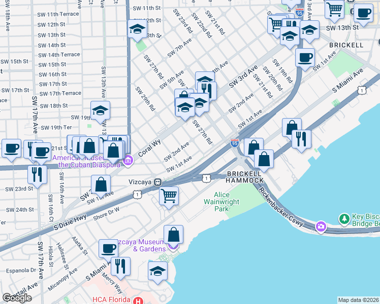 map of restaurants, bars, coffee shops, grocery stores, and more near 126 Southwest 29th Road in Miami
