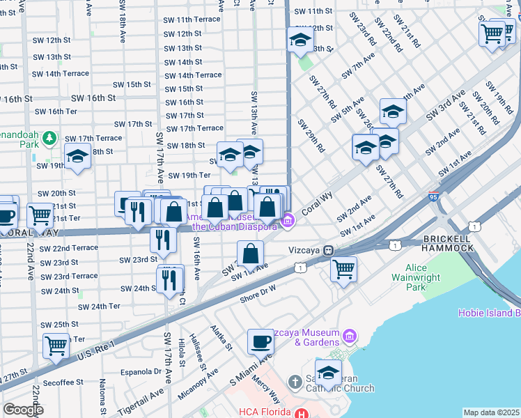 map of restaurants, bars, coffee shops, grocery stores, and more near 1257 Southwest 21st Terrace in Miami