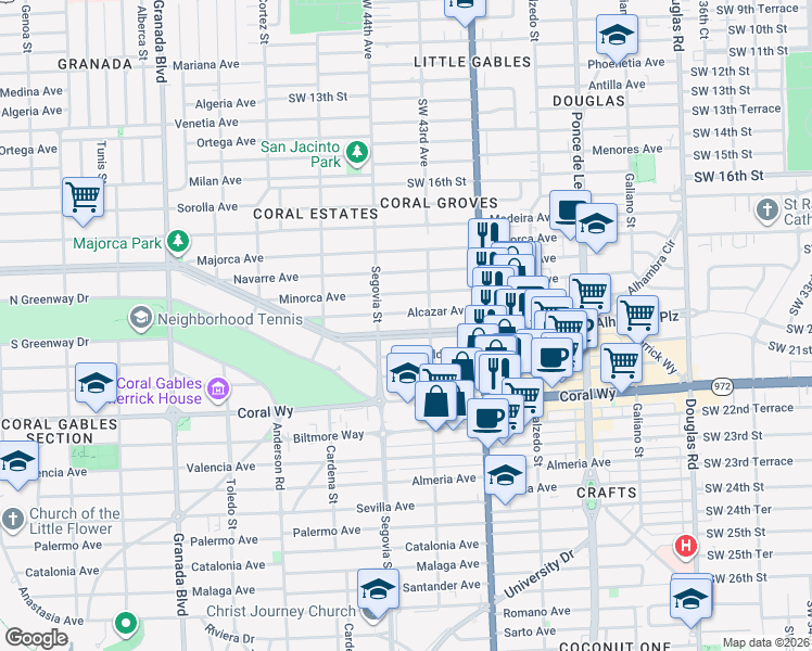 map of restaurants, bars, coffee shops, grocery stores, and more near 541 Alhambra Circle in Coral Gables