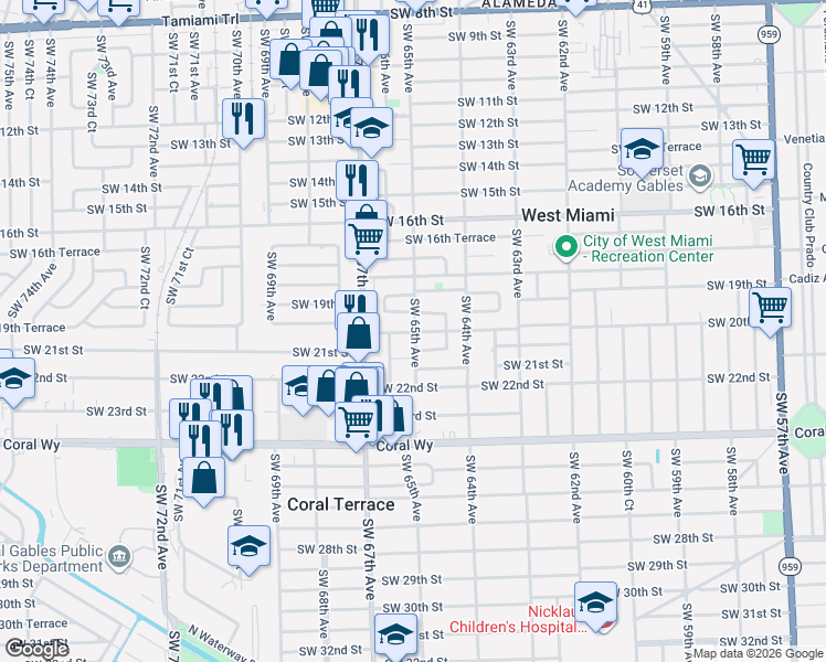 map of restaurants, bars, coffee shops, grocery stores, and more near 6461 Southwest 20th Street in Miami