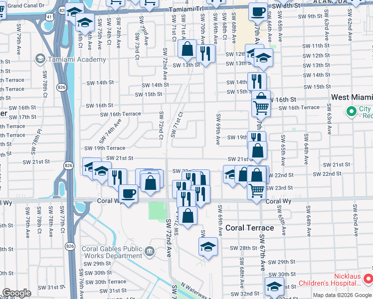 map of restaurants, bars, coffee shops, grocery stores, and more near 7100 Southwest 19th Terrace in Miami