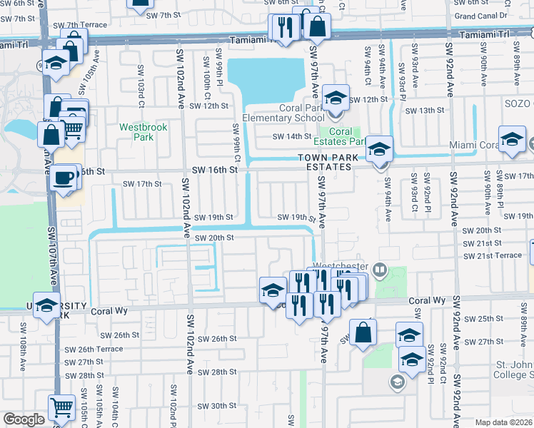 map of restaurants, bars, coffee shops, grocery stores, and more near 1820 Southwest 98th Court in Miami
