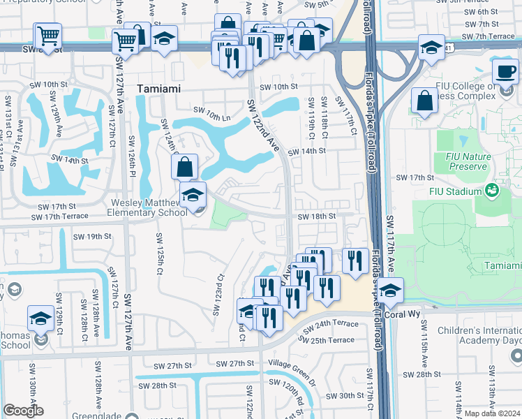 map of restaurants, bars, coffee shops, grocery stores, and more near 12235 Southwest 17th Lane in Miami