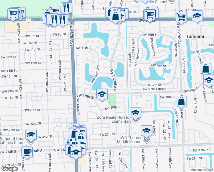 map of restaurants, bars, coffee shops, grocery stores, and more near 13250 Southwest 17th Lane in Miami