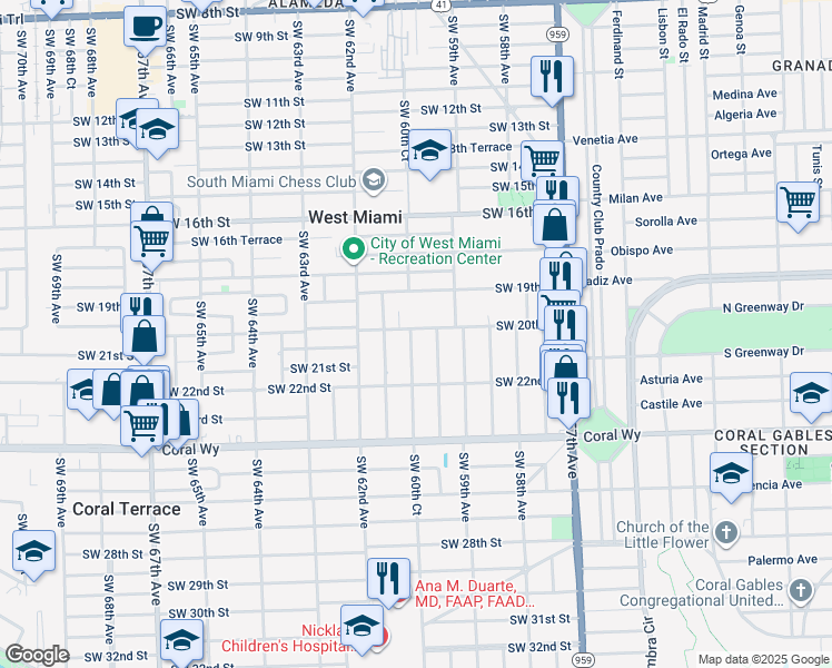 map of restaurants, bars, coffee shops, grocery stores, and more near 6030 Southwest 20th Street in Miami