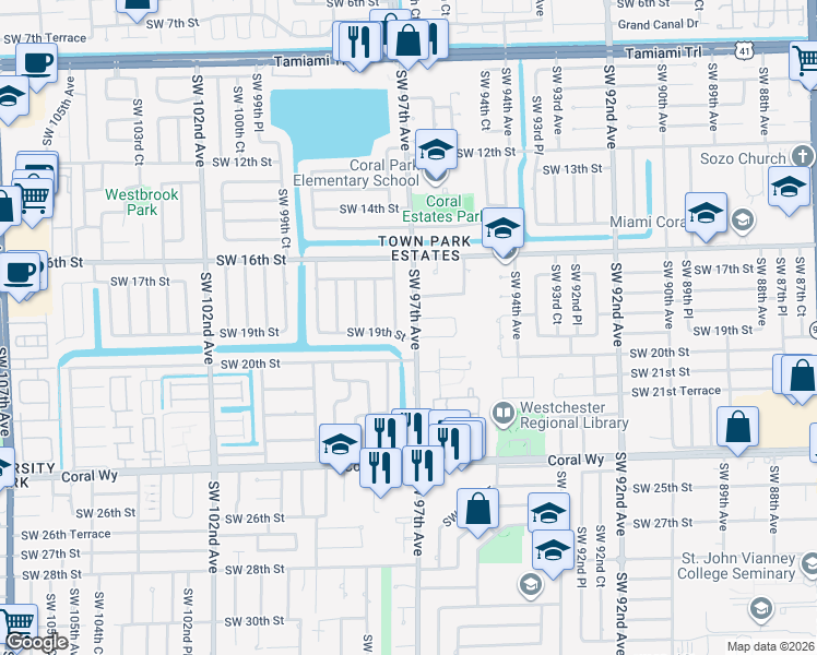 map of restaurants, bars, coffee shops, grocery stores, and more near 1820 Southwest 97th Avenue in Miami
