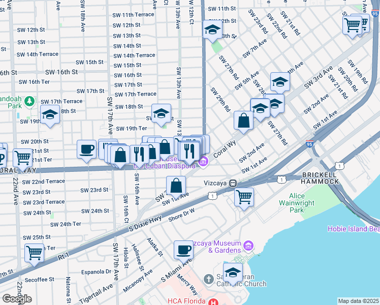 map of restaurants, bars, coffee shops, grocery stores, and more near 1257 Southwest 21st Terrace in Miami
