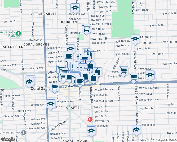 map of restaurants, bars, coffee shops, grocery stores, and more near 2001 Southwest 37th Avenue in Miami